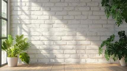 Serene interior featuring a white brick wall bathed in sunlight with lush green plants adding a touch of nature and tranquility to the space