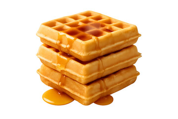 Three golden-brown waffles stacked on top of each other, drizzled with syrup. Concept Delicious Waffle Stack, Golden-Brown Perfection, Sweet Syrup Drizzle, Breakfast Indulgence, Perfect Brunch Treat