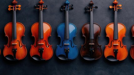 Naklejka premium Collection of colorful violins displayed against a dark background