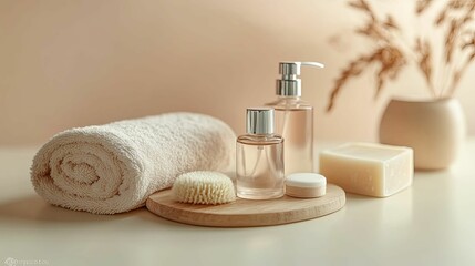 Natural spa products displayed on a light beige surface.