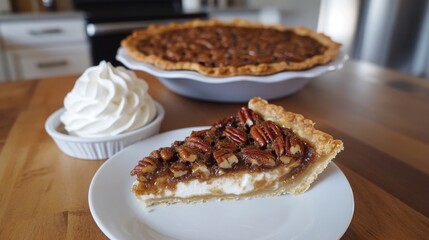 A whole pecan pie on a rustic wooden table, adorned with pecans and served with a side of whipped cream, showcasing a classic dessert.