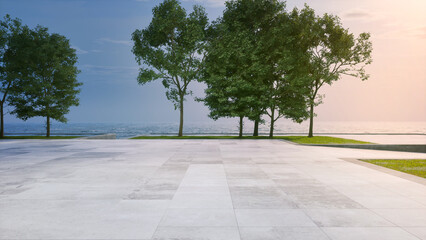 Empty concrete floor terrace near water in pond. 3d rendering of pool with sea and clear sky background.