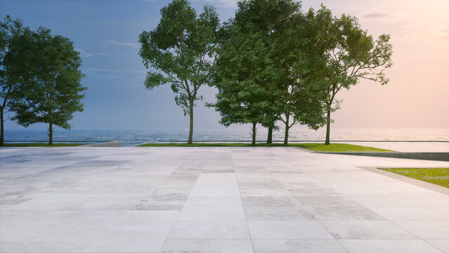 Empty concrete floor terrace near water in pond. 3d rendering of pool with sea and clear sky background.