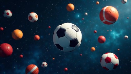 Fototapeta premium Collection of various types of sports balls hovering in space, sports equipment, universe