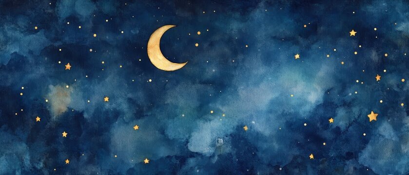 A painting of a night sky with a large gold moon and many stars