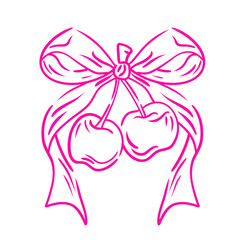 Coquette cherry with bow. Hand drawn line art illustration cherry on white background. Doodle trendy girly berry. Decoration for invitations templates. Vintage elegant vector.