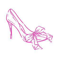 Women's shoe decorated pink bow. Coquette bow. Hand drawn girly elegant shoe. Line illustration shoe on white background.