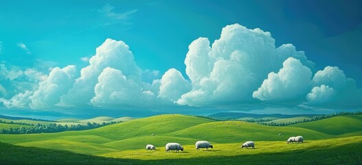 Obraz premium Hills, green grasslands with white clouds in the sky and sheep grazing on them