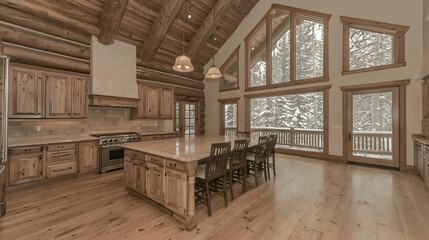 Spacious modern kitchen dining area with large windows and warm wood design