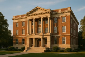 Fototapeta premium Historic Brick Building with Columns and Large Windows at Sunset
