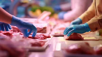 food safety contamination control. Butcher preparing fresh raw meat cuts with gloved hands in a professional food market setting.
