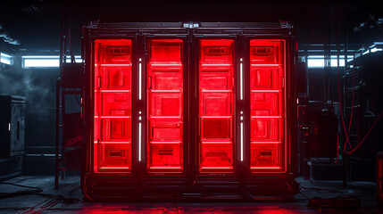 Futuristic sci fi server room with glowing red lights in a dark industrial interior, high tech power or data storage unit.