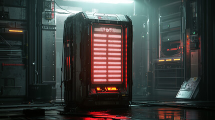 High-tech sci fi server unit glowing red in a dark, futuristic data center filled with cables and industrial details.