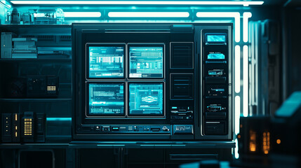 Obraz premium Futuristic computer system interface with glowing screens and digital data in a high-tech sci-fi laboratory environment.