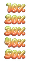 set of 3d percentage discount with transparent background, 10%, 20%, 30%, 40%, 50%, red, green, PNG images