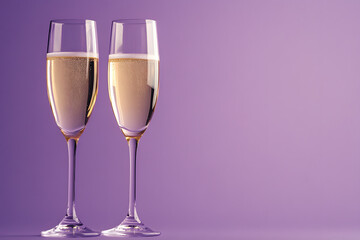 champagne glasses lined up for the wedding toast - representing the celebration of love and unity purple background