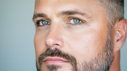 Obraz premium Close-up of a man's face, light-skinned, with blue eyes and a short graying beard. Focused on facial features