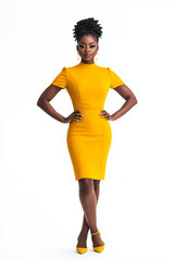 Confident Black Woman in Stylish Yellow Dress Posing on White Background
