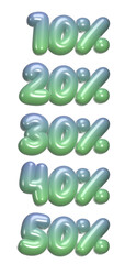set of 3d percentage discount with transparent background, 10%, 20%, 30%, 40%, 50%, blue, green, PNG images