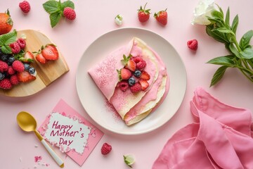 Sunday brunch with pink crepes for Mother&rsquo;s Day. Concepts: Love, gratitude, nurturing, care, family, appreciation, celebration, motherhood, bonding, tradition