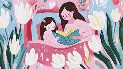 Mother reading book to daughter at bedtime among white tulips. Concepts of Mother's Day, parenting, care, nighttime, being together, flowers, whimsical,