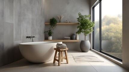 Fototapeta premium tranquil bathroom with freestanding tub, wooden stool, and large window view