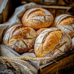 wooden table filled with freshly baked artisan bread, soft natural light