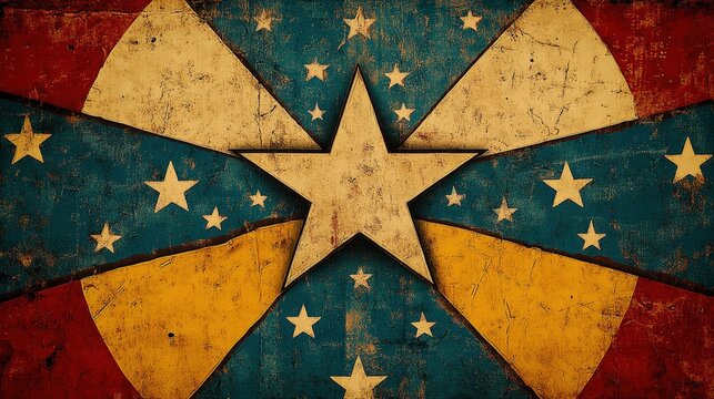 A vintage-style graphic featuring a large central star with a distressed background of red, blue, and yellow, adorned with smaller stars.
