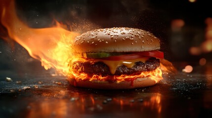 Close-up of flames grilling a burger