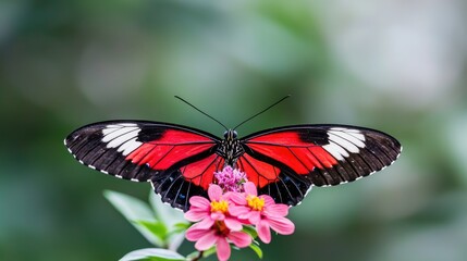 Vibrant red and black butterfly on pink flowers