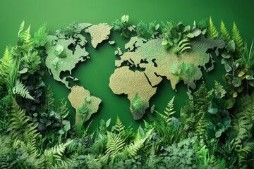 Artistic representation of a world map created with natural elements showcasing greenery and sustainability