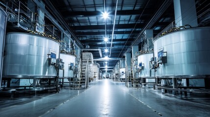 Fototapeta premium food safety contamination control. Industrial Interior View Cylindrical Tanks Manufacturing Facility and Factory Production Space.
