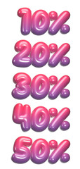set of 3d percentage discount with transparent background, 10%, 20%, 30%, 40%, 50%, red, blue, PNG images