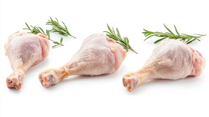 Four raw chicken legs arranged on a white background, garnished with herbs and spices, presenting a fresh and natural food item.