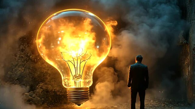 Man contemplates giant burning idea, urban ruin backdrop