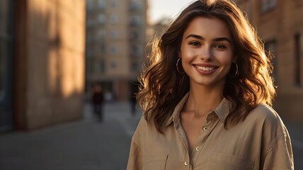 Fototapeta premium Young Woman Smiling in Urban City Setting During Golden Hour Sunlight