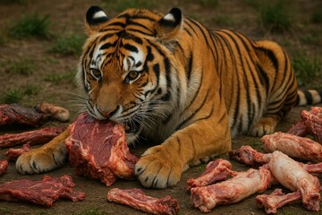 Obraz premium Majestic Tiger Feasting on Fresh Meat in Natural Habitat