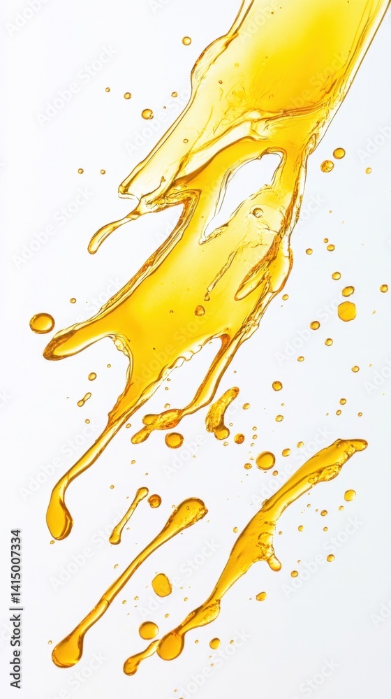 Poster dynamic splash of golden liquid against a clean white backdrop creating a visually striking and refr