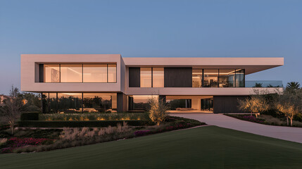 Fototapeta premium Modern luxury home with contemporary design. Exterior view of a sleek, minimalist residence with large windows, showcasing an open floor plan and landscaped grounds. 