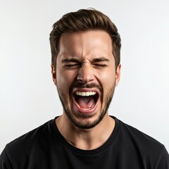 A man with a beard is screaming with eyes closed, expressing a strong emotion or pain.