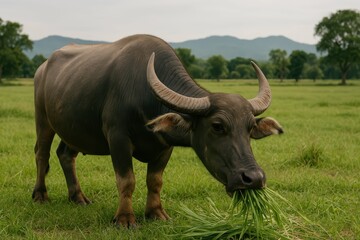 Obraz premium Water Buffalo Grazing in Lush Green Field Against Scenic Background