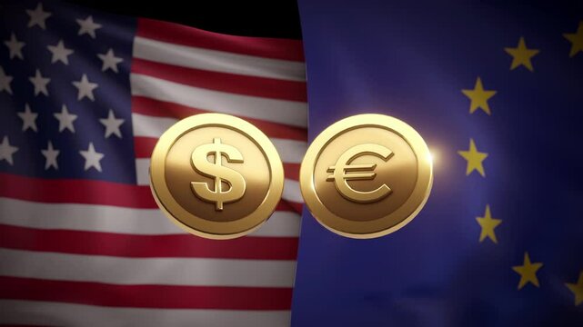 3D rendered image of gold dollar and euro coins with USA and EU flags in the background, symbolizing international trade, finance, and economic relations.