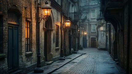 Obraz premium Mysterious cobblestone alley with glowing gas lamps in historic district