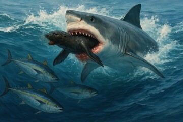 Fototapeta premium Majestic Great White Shark Hunting Seals in Ocean Waves