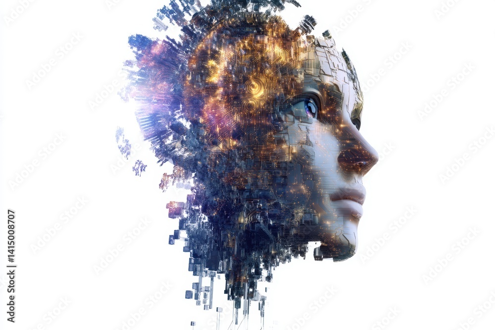 Poster generative ai interface displaying morphing visuals and evolving digital art on a white background