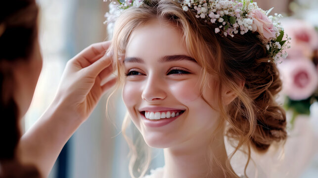 Wedding Woman with a flower headband is smiling at the camera. She is wearing a white dress and has a bouquet of roses in her hand