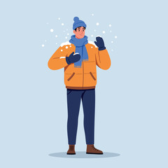 Young man wearing winter clothing playing with snowflakes in flat design style vector illustration