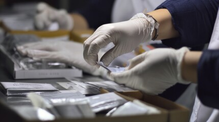 Fototapeta premium food safety contamination control. Sterile Manufacturing Process with Gloved Hands Inspecting Pharmaceutical Products for Quality Control.