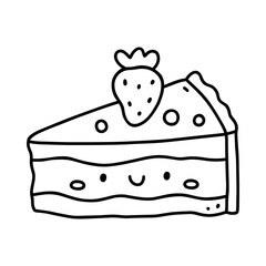Kawaii strawberry cake isolated on a white background. Vector hand-drawn illustration in doodle style. Cute character. Perfect for cards, decorations, stickers, logo, menu, various designs.