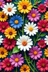 Colorful bouquet of daisies, zinnias, ageratum, and Turkish carnation in a seamless pattern, zinnias, seamless